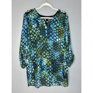 Zac & Rachel Blouse Womens 2X Lace Trim Print Tunic Top Button Tab Sleeve Flowy